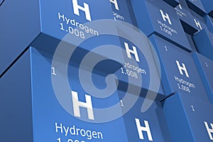 Hydrogen, 3D rendering background of cubes of symbols of the elements of the periodic table