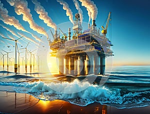 Hydrogen drilling platform with solar panels and wind turbines, green energy, concept