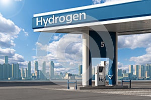 Hydrogen filling station on a background of modern city