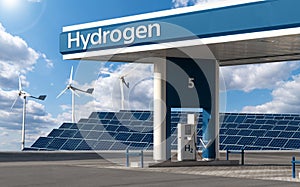 Hydrogen filling station on a background of solar panels and wind turbines