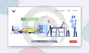 Hydrogen Fuel Landing Page Template. Characters Refueling Car on Station. Man Pump Petrol or Gas for Charging Auto