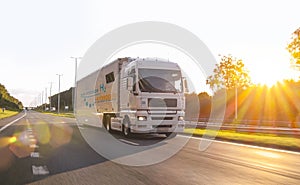 Hydrogen fueled truck on the road driving. h2 combustion Truck engine for emission free ecofriendly transport