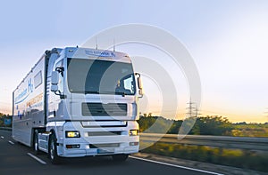 Hydrogen fueled truck on the road driving. h2 combustion Truck engine for emission free ecofriendly transport