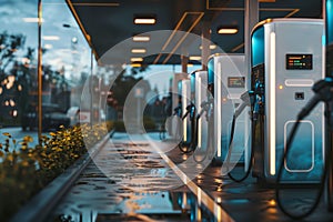 Hydrogen gas station at night. Green and clean mobility concept.