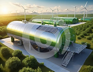 hydrogen gas tank and pipeline with wind turbines power plants and solar  panel in background.