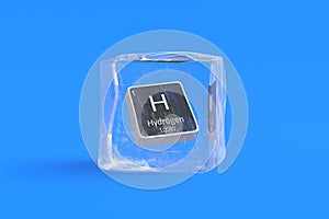 Hydrogen H chemical element of periodic table in ice cube. Symbol of chemistry element