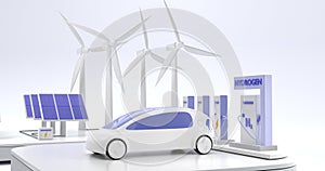 Hydrogen H2 and electric charger station with future car. Concept of green energy, eco technologies with renewable