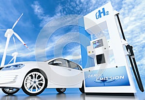 Hydrogen logo on gas station. h2 combustion engine for emission free ecofriendly transport