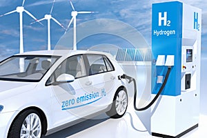 Hydrogen logo on gas station. h2 combustion engine for emission free ecofriendly transport