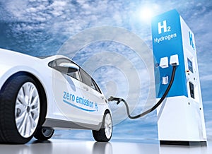 Hydrogen logo on gas station. h2 combustion engine for emission free ecofriendly transport