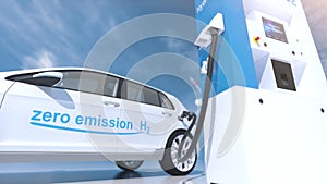 Hydrogen logo on gas station. h2 combustion engine for emission free ecofriendly transport