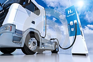 Hydrogen logo on gas stations fuel dispenser. h2 combustion Truck engine for emission free ecofriendly transport