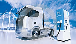 Hydrogen logo on gas stations fuel dispenser. h2 combustion Truck engine for emission free ecofriendly transport photo