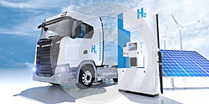 Hydrogen logo on gas stations fuel dispenser. h2 combustion Truck engine for emission free ecofriendly transport