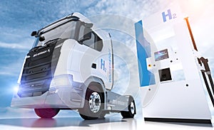 Hydrogen logo on gas stations fuel dispenser. h2 combustion Truck engine for emission free ecofriendly transport