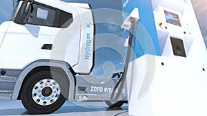 Hydrogen logo on gas stations fuel dispenser. h2 combustion Truck engine for emission free ecofriendly transport