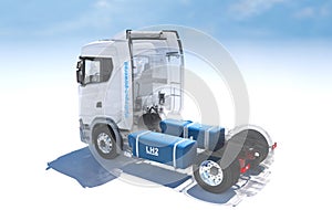 Hydrogen logo on gas stations fuel dispenser. h2 combustion Truck engine for emission free ecofriendly transport
