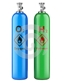 Hydrogen and oxygen cylinders with compressed gas photo