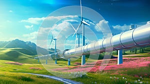 A hydrogen pipeline with wind turbines and in the back view. Generative AI.