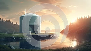 Hydrogen production from renewable energy sources, Hydrogen fuel station at sunset. AI Generative