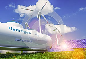 Hydrogen renewable energy production - hydrogen gas for clean electricity solar and windturbine facility. 3d rendering