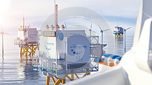 Hydrogen renewable energy production - hydrogen gas for clean electricity solar and windturbine facility. 3d rendering photo