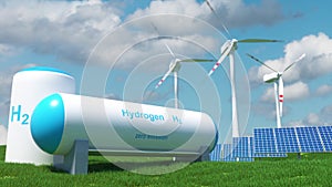 Hydrogen renewable energy production - hydrogen gas for clean electricity solar and windturbine facility