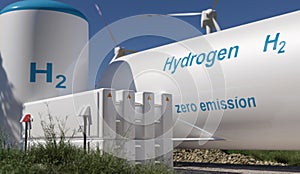 Hydrogen renewable energy production - hydrogen gas for clean electricity solar and windturbine facility.