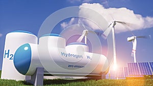 Hydrogen renewable energy production - hydrogen gas for clean electricity solar and windturbine facility. 3d rendering