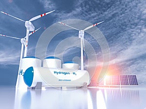 Hydrogen renewable energy production - hydrogen gas for clean electricity solar and windturbine facility. 3d rendering