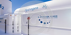 Hydrogen renewable energy production - hydrogen gas for clean electricity solar and windturbine facility. 3d rendering