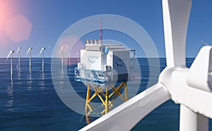 Hydrogen renewable energy production - hydrogen gas for clean electricity solar and windturbine facility. 3d rendering