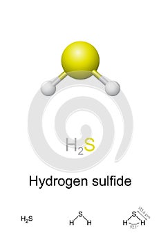 Hydrogen sulfide, H2S, ball-and-stick model, molecular and chemical formula