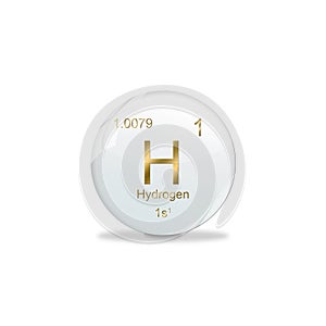 Hydrogen symbol - H. Element of the periodic table on white ball with golden signs. White background