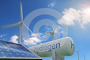 Hydrogen tank, solar panel and windmills on blue sky background. Sustainable and ecological energy concept. 3d illustration