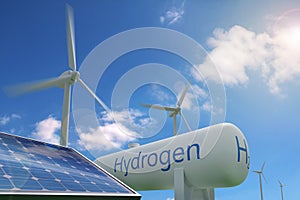 Hydrogen tank, solar panel and windmills on blue sky background. Sustainable and ecological energy concept. 3d illustration photo