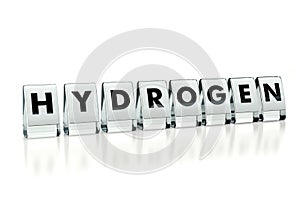 HYDROGEN word written on glossy blocks isolated on white background. Hydrogen technology becomes more popular with every year -