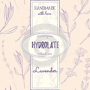 Hydrolate lavender. Natural cosmetics design with seamless pattern and label templates. Handmade cosmetics from lavender