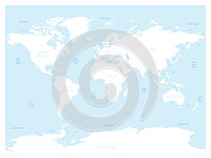 Hydrological map of World with labels of oceans, seas, gulfs, bays and straits. Vector map with white lands and blue