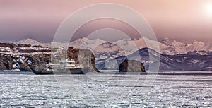 Hydrological vessel off the coast of the Kamchatka peninsula in Avacha Bay at sunset