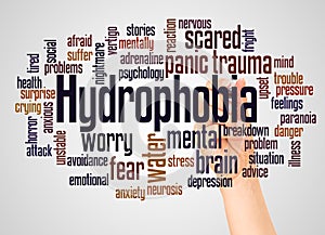 Hydrophobia fear of water word cloud and hand with marker concept