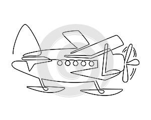 Hydroplane on floats, a device for mobile movement in space by air and water. Continuous line drawing illustration