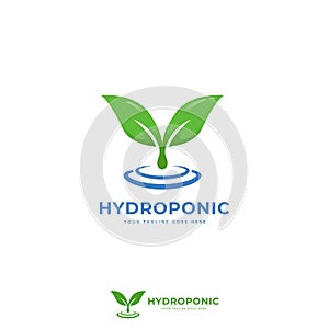 Hydroponic farm logo icon with water and green leaf symbol