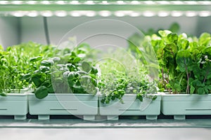 Hydroponic garden under grow lights, efficient urban farming, modern agriculture. Urban farming