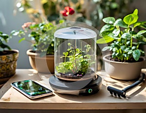 Hydroponic growing plants in artificial environment. Home greenhouse for vegetables. Young sprout in incubator