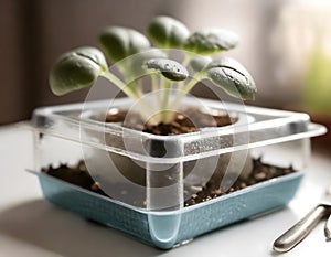 Hydroponic growing plants in artificial environment. Home greenhouse for vegetables. Young sprout in incubator