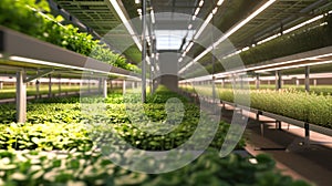 Hydroponic shelves of sprouting plants in an urban farm setting. Concept of urban farming, sustainable agriculture