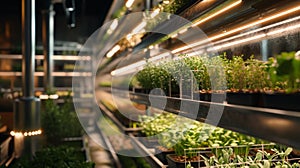 Hydroponic shelves of sprouting plants in an urban farm setting. Concept of urban farming, sustainable agriculture