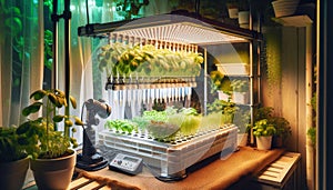 hydroponic system with LED lighting for soilless growing of plants in urban. Vertical farming