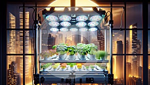 hydroponic system with LED lighting for soilless growing of plants in urban. Vertical farming